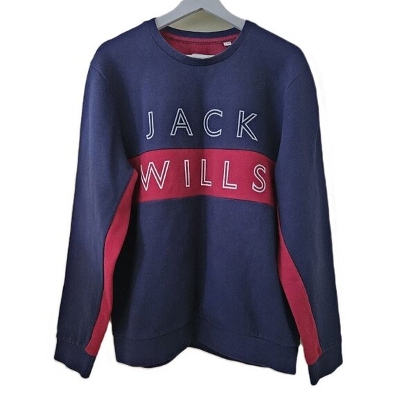 Jack Wills Sweatshirt Mens XL Navy Red Spellout Logo Front Crewneck LS Preppy - Picture 1 of 13